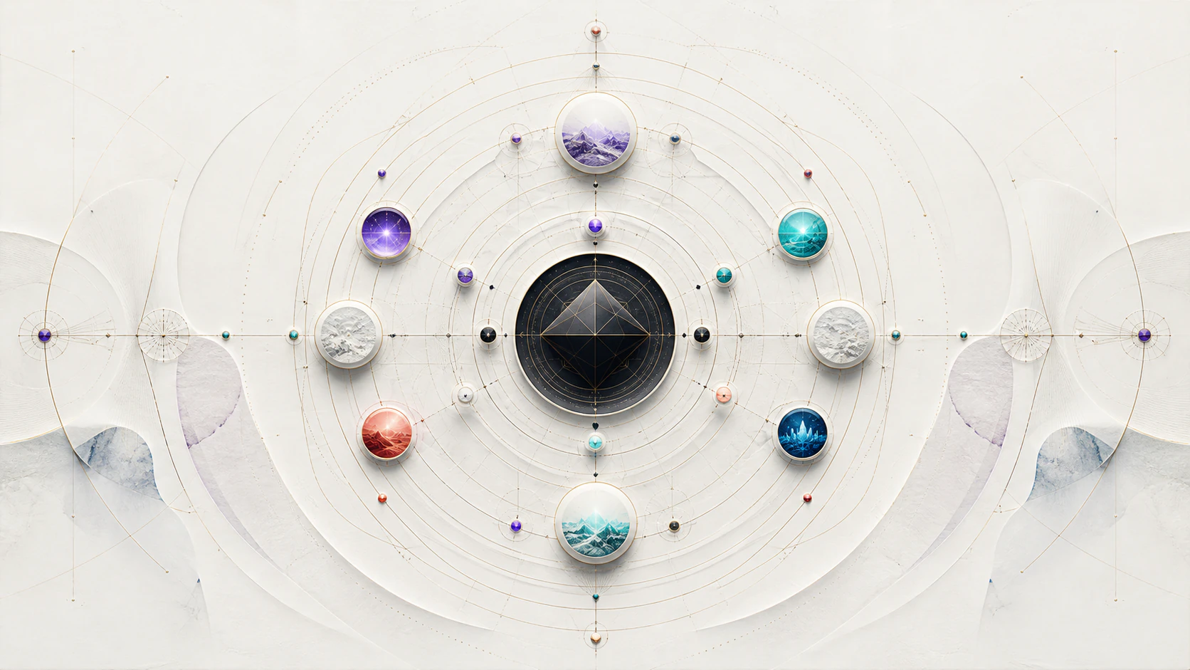 A symmetrical constellation of product worlds arranged around one central craft system