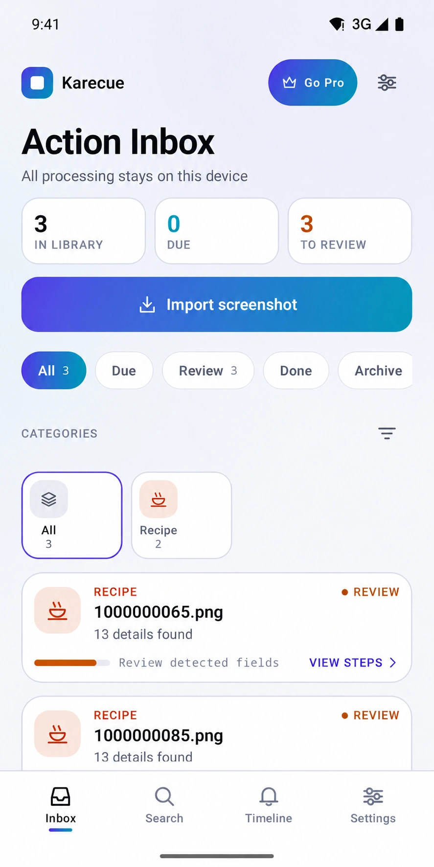 Karecue — Product screen
